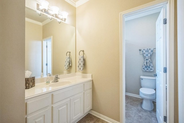 12709 Pinto Chase Ct, Austin, TX 78732 - bathroom with ornamental molding, vanity, toilet, tile patterned flooring, and baseboards