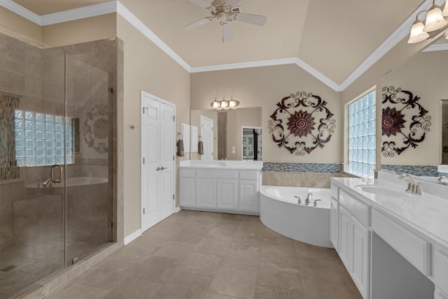 12709 Pinto Chase Ct, Austin, TX 78732 - bathroom with two vanities, a shower stall, a bath, a ceiling fan, and ornamental molding