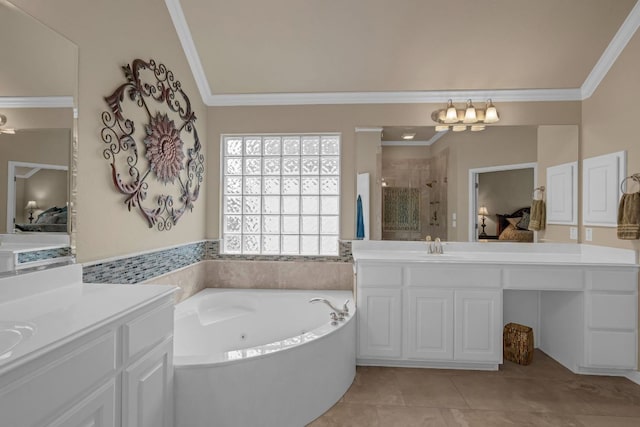 12709 Pinto Chase Ct, Austin, TX 78732 - full bath with ensuite bathroom, ornamental molding, a stall shower, tile patterned floors, and a bath