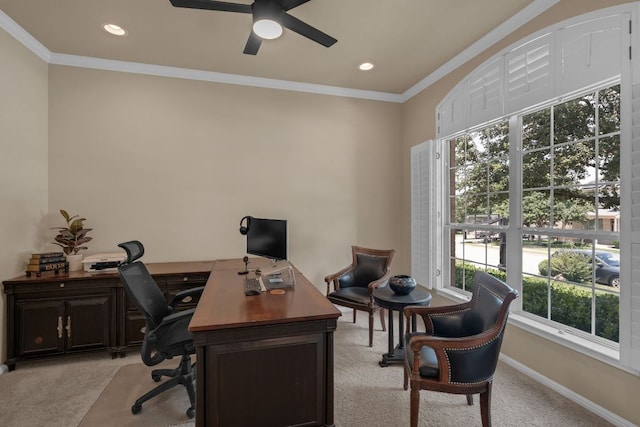 12709 Pinto Chase Ct, Austin, TX 78732 - office area with light colored carpet, ceiling fan, ornamental molding, baseboards, and recessed lighting