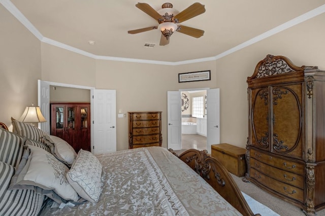 12709 Pinto Chase Ct, Austin, TX 78732 - carpeted bedroom featuring crown molding, a ceiling fan, and ensuite bathroom