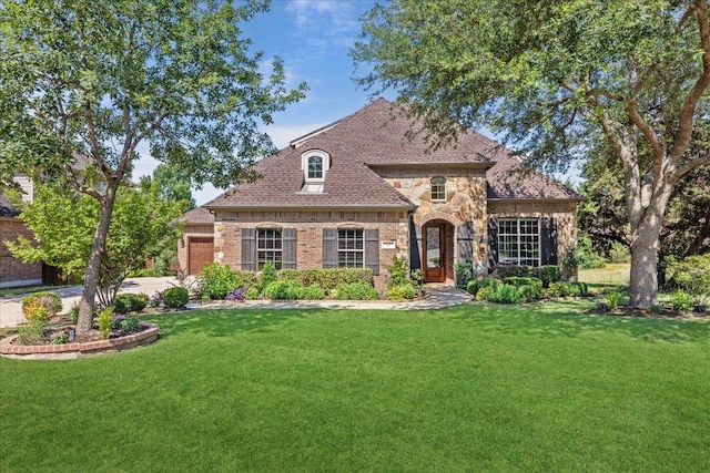 331 Littleton Dr, Austin, TX 78737 - french country home with a front lawn, driveway, stone siding, and an attached garage