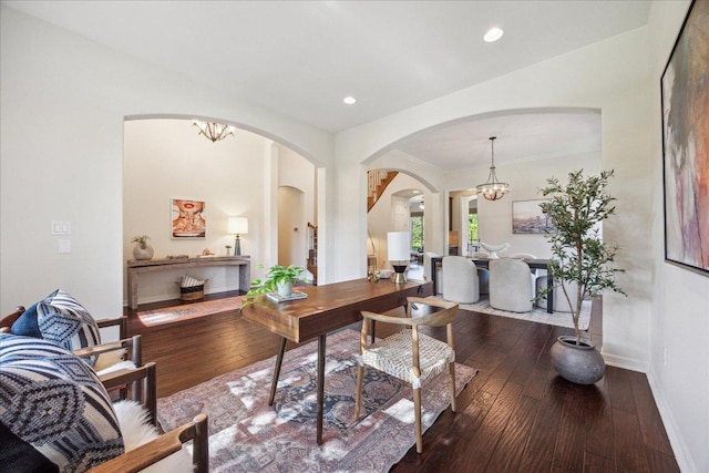 331 Littleton Dr, Austin, TX 78737 - office featuring arched walkways, a chandelier, wood-type flooring, baseboards, and recessed lighting