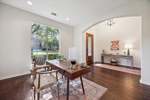 331 Littleton Dr, Austin, TX 78737 - office with arched walkways, hardwood / wood-style floors, baseboards, a chandelier, and recessed lighting