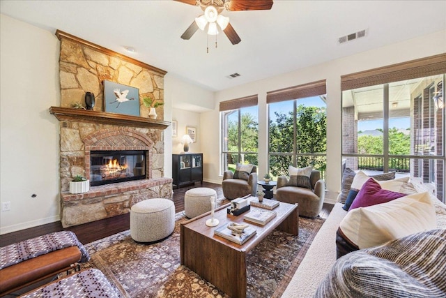 331 Littleton Dr, Austin, TX 78737 - living area featuring baseboards, plenty of natural light, ceiling fan, and a fireplace
