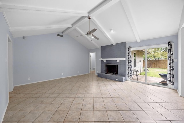 1301 S Meadows Dr, Austin, TX 78758 - unfurnished living room with ceiling fan, a fireplace, light tile patterned floors, and baseboards