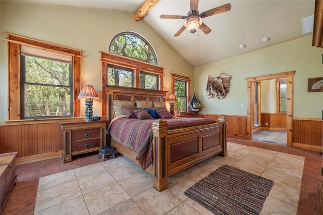 136 Red Fox Ln, Bastrop, TX 78602 - bedroom featuring beam ceiling, wainscoting, wooden walls, high vaulted ceiling, and ceiling fan