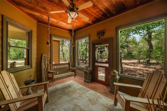 136 Red Fox Ln, Bastrop, TX 78602 - sitting room with wooden ceiling, a ceiling fan, tile patterned flooring, and wood walls