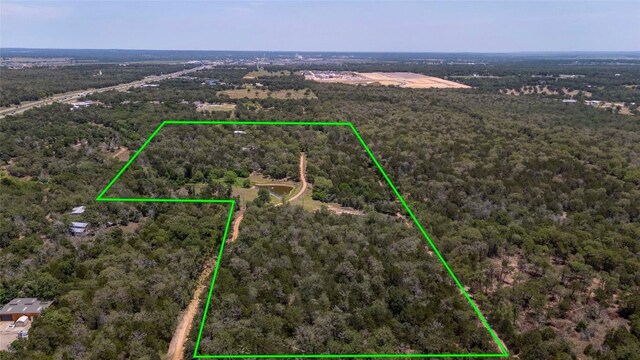 136 Red Fox Ln, Bastrop, TX 78602 - aerial overview of property's location with property parcel outlined and a heavily wooded area