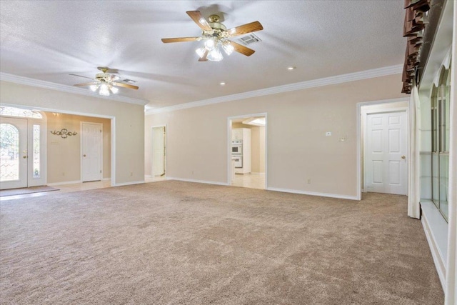 1204 Fairway Cir, Salado, TX 76571 - unfurnished living room with light colored carpet, ceiling fan, crown molding, a textured ceiling, and recessed lighting