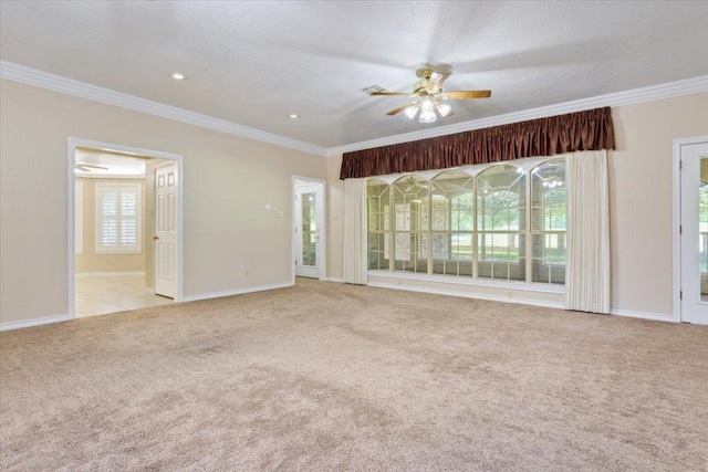 1204 Fairway Cir, Salado, TX 76571 - unfurnished living room with light colored carpet, crown molding, ceiling fan, and recessed lighting