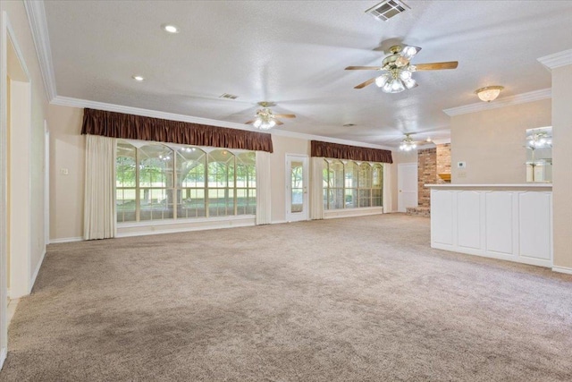 1204 Fairway Cir, Salado, TX 76571 - unfurnished living room with ornamental molding, ceiling fan, and carpet