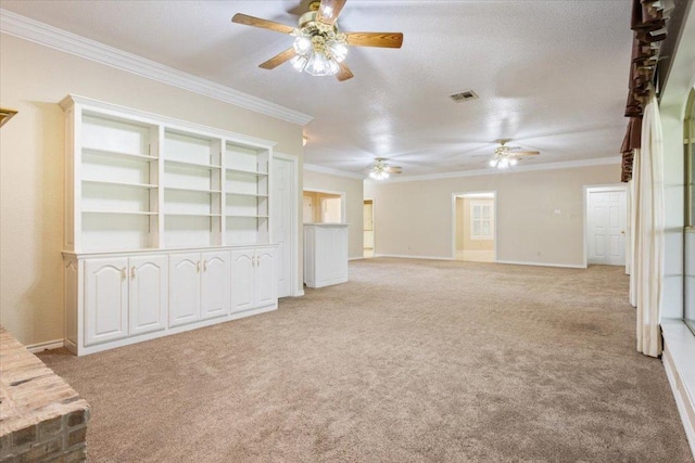 1204 Fairway Cir, Salado, TX 76571 - unfurnished living room featuring ceiling fan, crown molding, and light carpet