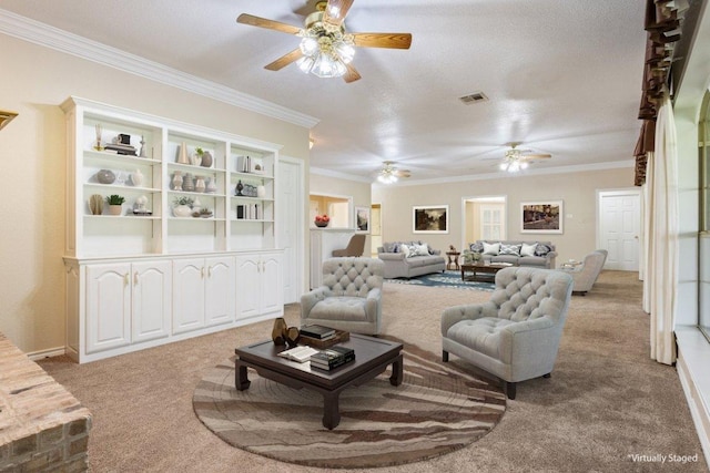 1204 Fairway Cir, Salado, TX 76571 - living area with ceiling fan, light carpet, and ornamental molding