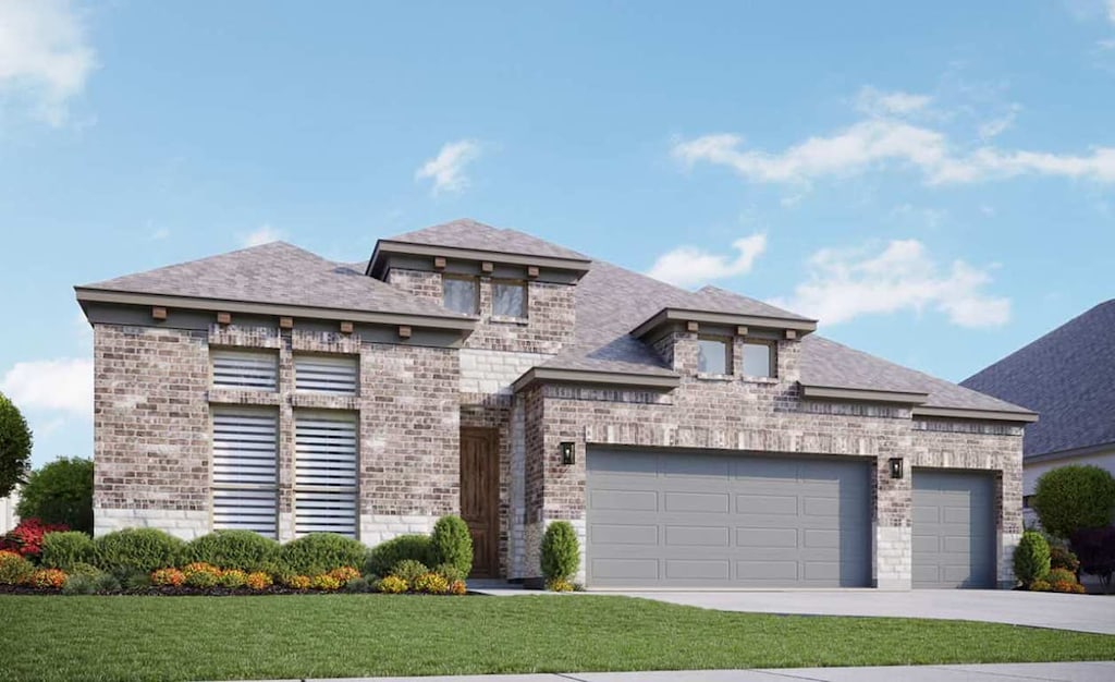 112 Rocky River Rd, Georgetown, TX 78628 - view of front of house featuring brick siding, a front yard, an attached garage, and concrete driveway