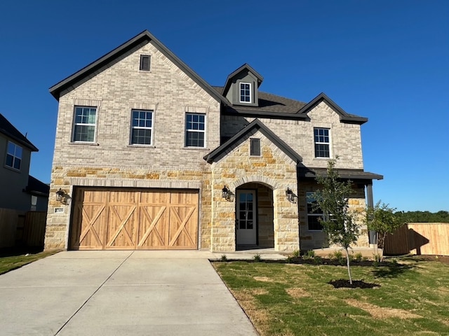 17109 Howdy Way, Manor, TX 78653 - view of front of house featuring a garage, stone siding, concrete driveway, and brick siding