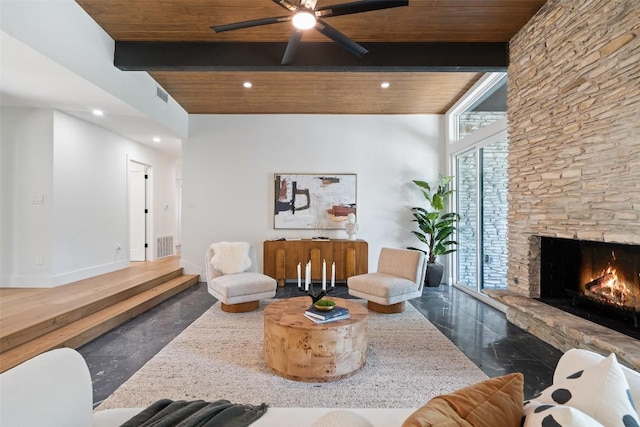 3403 Cascadera Dr, Austin, TX 78731 - living area featuring a wooden ceiling with exposed beams, a ceiling fan, a stone fireplace, and recessed lighting