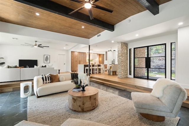 3403 Cascadera Dr, Austin, TX 78731 - living room with a ceiling fan, a wooden ceiling with exposed beams, recessed lighting, and concrete floors
