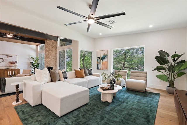 3403 Cascadera Dr, Austin, TX 78731 - living area with a ceiling fan, light wood-style flooring, and recessed lighting