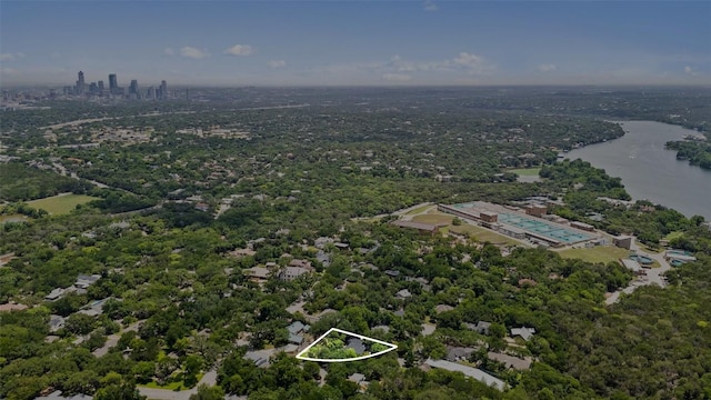 3403 Cascadera Dr, Austin, TX 78731 - aerial overview of property's location featuring property parcel outlined and a large body of water