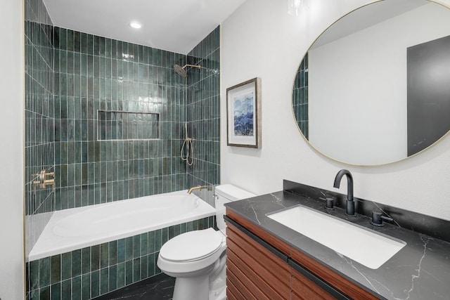 3812 Tarragona Ln, Austin, TX 78727 - bathroom featuring tiled shower / bath, toilet, vanity, and recessed lighting