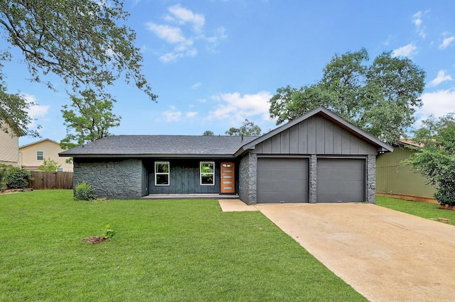 3812 Tarragona Ln, Austin, TX 78727 - mid-century inspired home with a garage, stone siding, concrete driveway, and board and batten siding