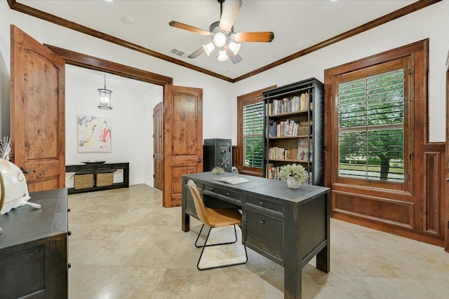 9308 Prince Charles, Austin, TX 78730 - home office featuring ceiling fan and crown molding