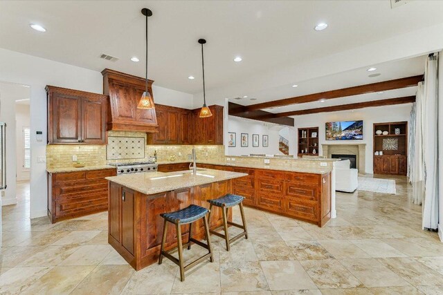 9308 Prince Charles, Austin, TX 78730 - kitchen featuring range, custom range hood, decorative backsplash, a peninsula, and beam ceiling