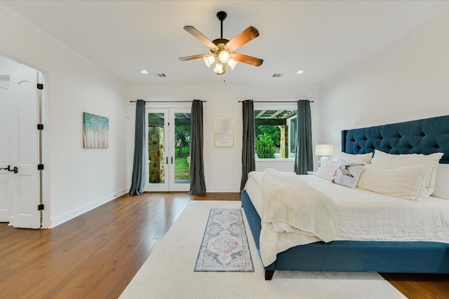 9308 Prince Charles, Austin, TX 78730 - bedroom with access to outside, wood finished floors, baseboards, crown molding, and recessed lighting