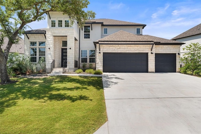 159 Fireside Rd, Austin, TX 78737 - french provincial home featuring an attached garage, driveway, a front lawn, stone siding, and a shingled roof