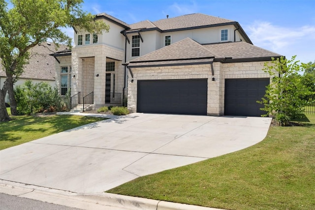 159 Fireside Rd, Austin, TX 78737 - view of front of house with an attached garage, concrete driveway, a front yard, stucco siding, and stone siding