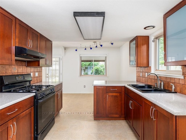 12208 Antoinette Pl, Austin, TX 78727 - kitchen featuring black range with gas cooktop, under cabinet range hood, a sink, a peninsula, and baseboards