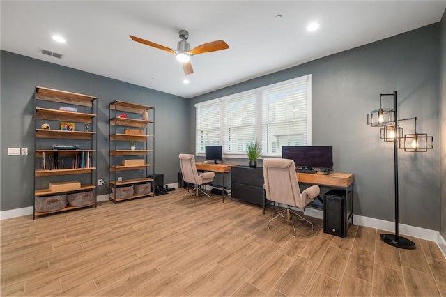 4702 Unity Cir, Austin, TX 78731 - office featuring a ceiling fan, wood finished floors, baseboards, and recessed lighting