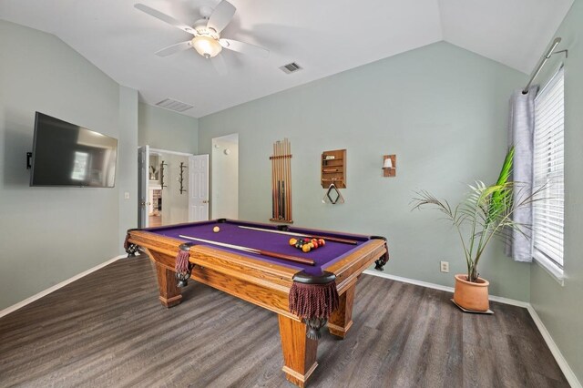 8007 Weldon Springs Ct, Austin, TX 78726 - game room with vaulted ceiling, wood finished floors, billiards table, and ceiling fan