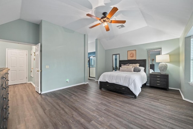 8007 Weldon Springs Ct, Austin, TX 78726 - bedroom featuring vaulted ceiling, dark wood-style flooring, and ceiling fan