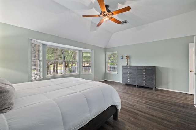 8007 Weldon Springs Ct, Austin, TX 78726 - bedroom with wood finished floors, vaulted ceiling, and a ceiling fan