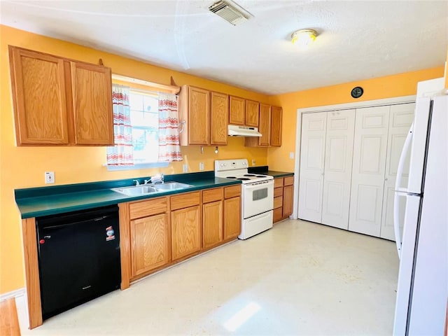 2105 W Gillis Ave, Cameron, TX 76520 - kitchen featuring white appliances, under cabinet range hood, brown cabinetry, and dark countertops