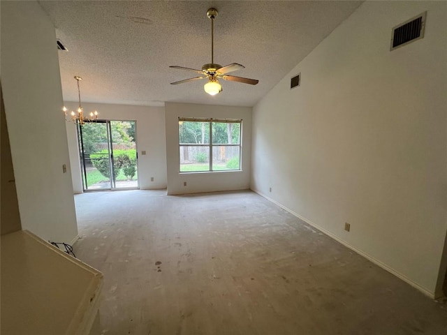 6612 Zequiel Dr, Austin, TX 78744 - empty room featuring a ceiling fan, a textured ceiling, a chandelier, and lofted ceiling