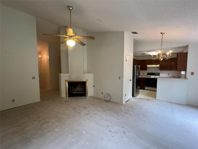 6612 Zequiel Dr, Austin, TX 78744 - unfurnished living room with a chandelier, a fireplace, high vaulted ceiling, ceiling fan, and a textured ceiling