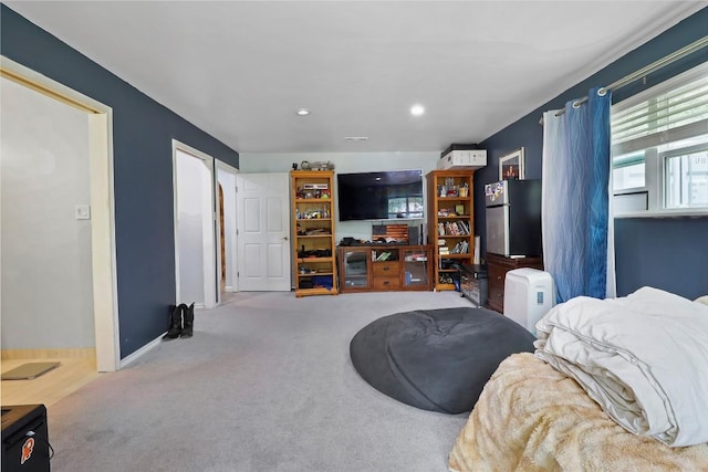 1313 Oakridge Dr, Blanco, TX 78606 - living room featuring carpet, baseboards, and recessed lighting