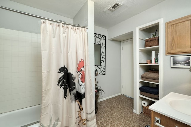 3780 Fm 972, Georgetown, TX 78673 - bathroom featuring tile patterned floors, shower / bath combo with shower curtain, vanity, and baseboards