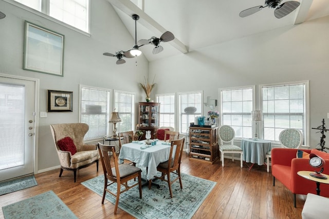 3780 Fm 972, Georgetown, TX 78673 - dining area with ceiling fan, high vaulted ceiling, hardwood / wood-style floors, and baseboards