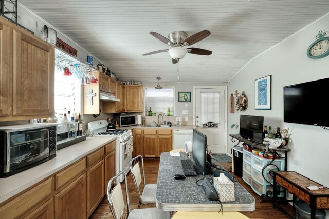 3780 Fm 972, Georgetown, TX 78673 - kitchen with white appliances, under cabinet range hood, dark wood finished floors, a sink, and a ceiling fan