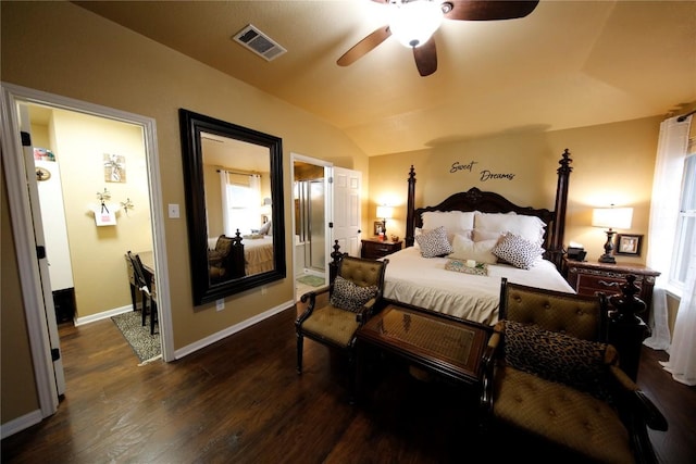 2721 Saddle Blanket Pl, Leander, TX 78641 - bedroom with dark wood-type flooring, vaulted ceiling, and ceiling fan