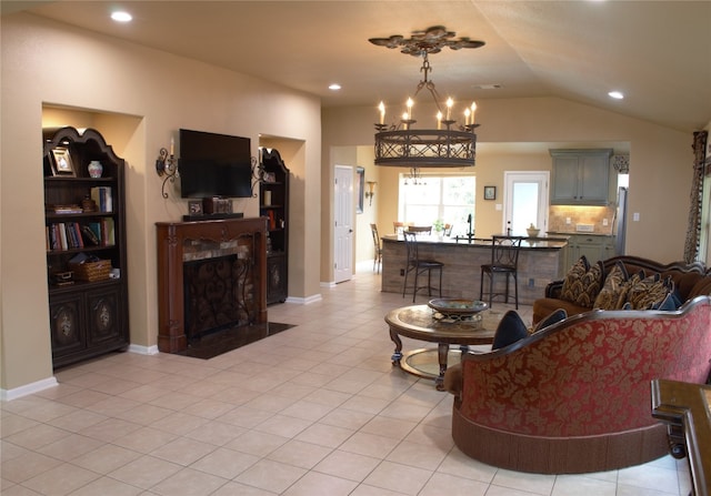 2721 Saddle Blanket Pl, Leander, TX 78641 - living room featuring light tile patterned flooring, recessed lighting, and vaulted ceiling