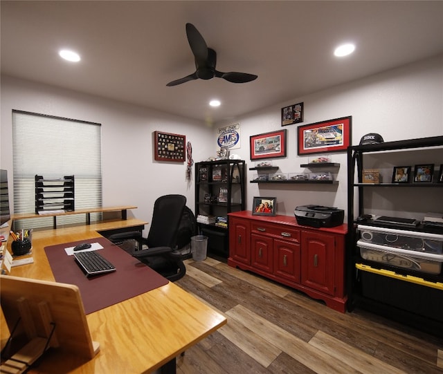 2721 Saddle Blanket Pl, Leander, TX 78641 - home office with ceiling fan, wood finished floors, and recessed lighting