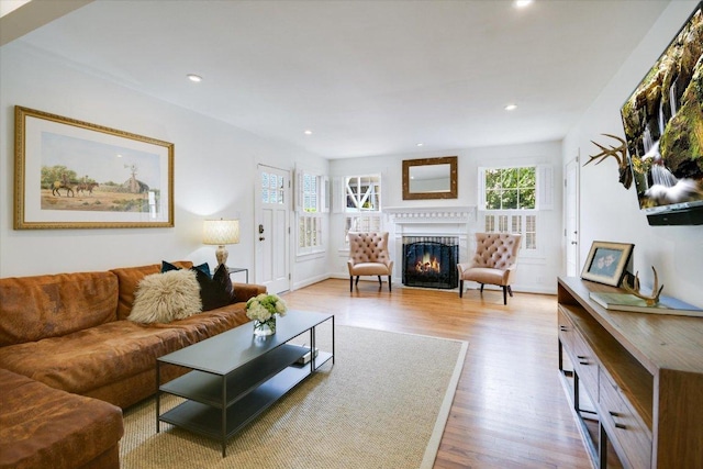 2509 Spring Ln, Austin, TX 78703 - living room with wood finished floors, a fireplace with flush hearth, and recessed lighting