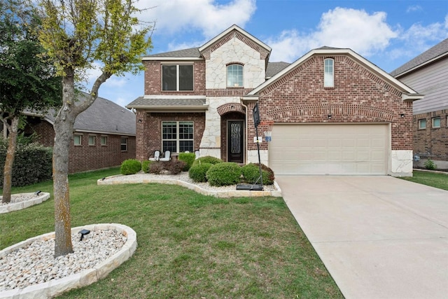 21105 Huckabee Bnd, Pflugerville, TX 78660 - french country style house featuring brick siding, a front yard, concrete driveway, a garage, and roof with shingles