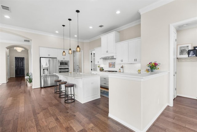 562 Stone River Dr, Austin, TX 78737 - kitchen with appliances with stainless steel finishes, arched walkways, a kitchen bar, tasteful backsplash, and under cabinet range hood