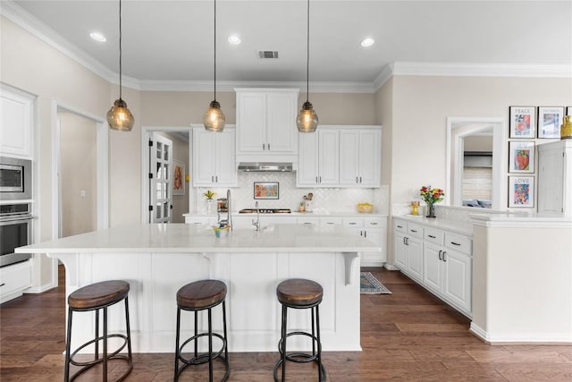 562 Stone River Dr, Austin, TX 78737 - kitchen featuring appliances with stainless steel finishes, exhaust hood, backsplash, crown molding, and white cabinets